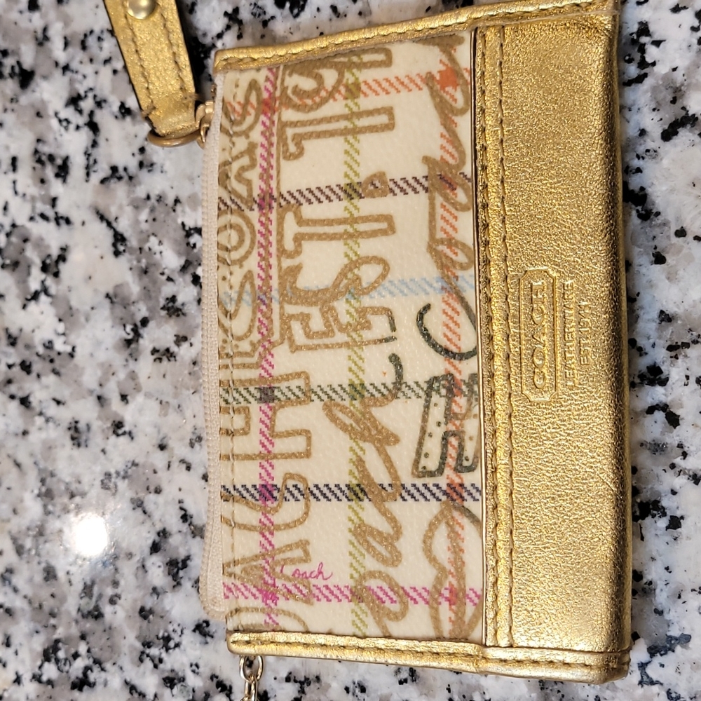 Coach coin purse small gold beige pink olive key chain.